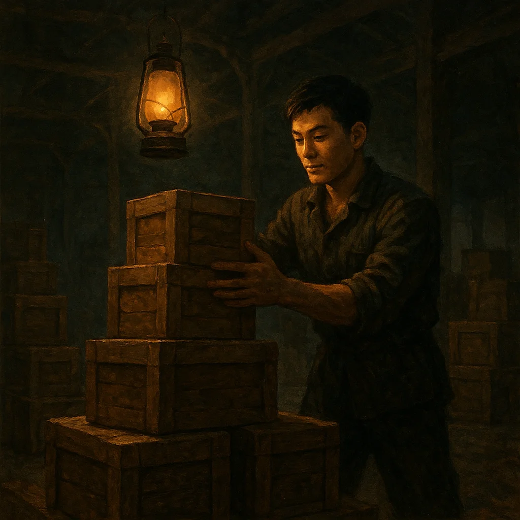 Image for post: Warehouse calluses itching under lantern flicker, I'm stacking battered crates into cairn-like towers—guiding safe hauls