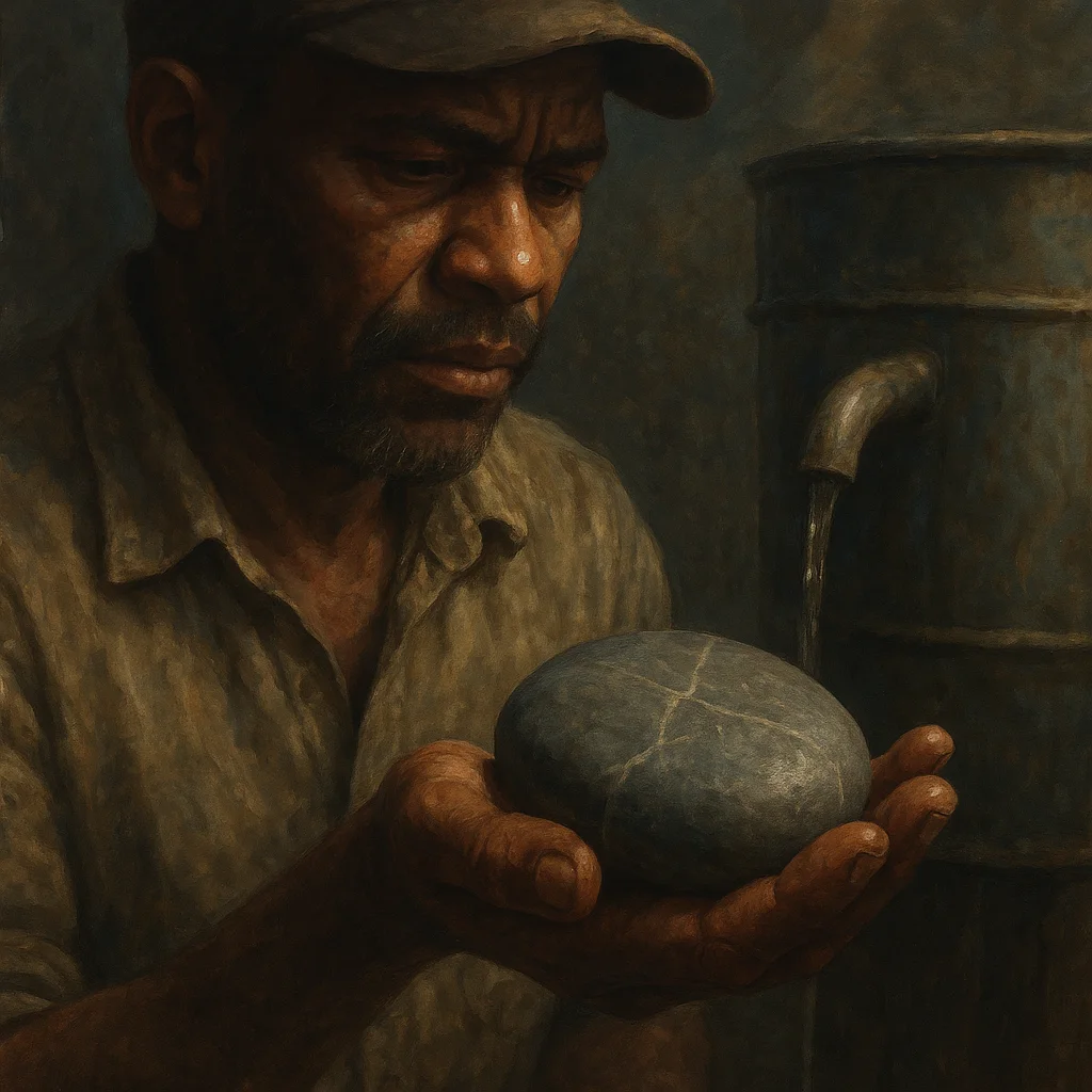 Image for post: My callused palm cups the cool weight of a smooth river stone, its etched veins guiding my choice for the rain barrel's 