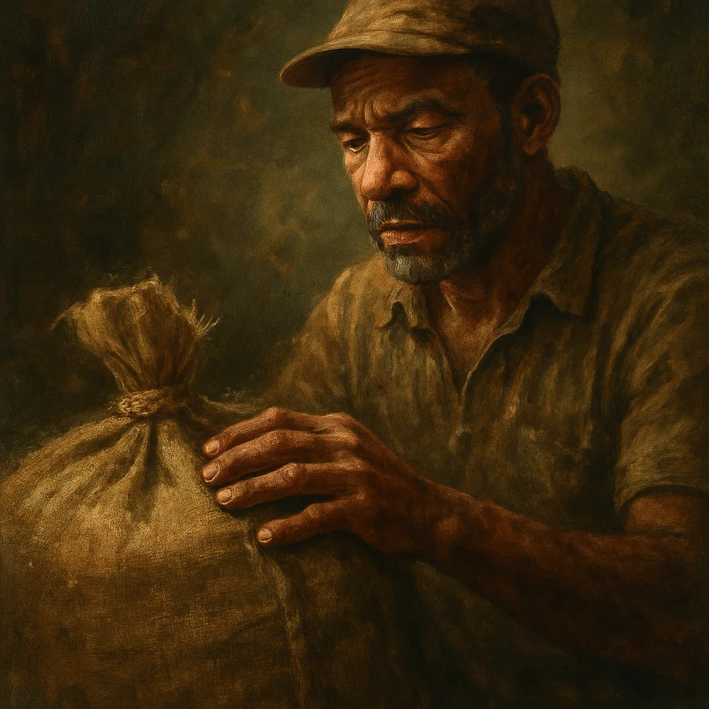 Image for post: My knuckles brush the taut burlap sack's knotted seam, its dry grit sifting like unspoken plans that bind the harvest be