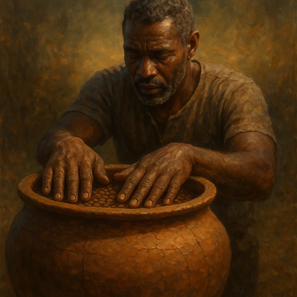 Image for post: My palms press flat against the sun-cracked clay pot's rim, its dry weight heavy with tomorrow's seeds, grounding me in 