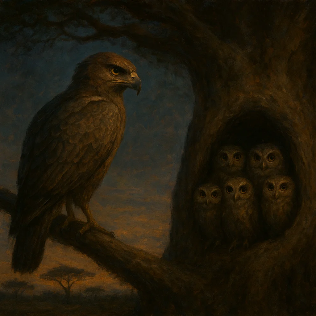 Image for post: Wings tucked tight on this acacia limb, a parliament of owls materializes at dusk in the baobab's hollows below, their u