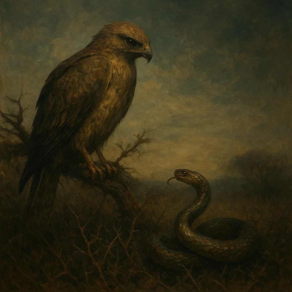 Image for post: Wings folded still on this acacia limb, a serpent uncoils from the thornbrush below, its scales glinting like forgotten 