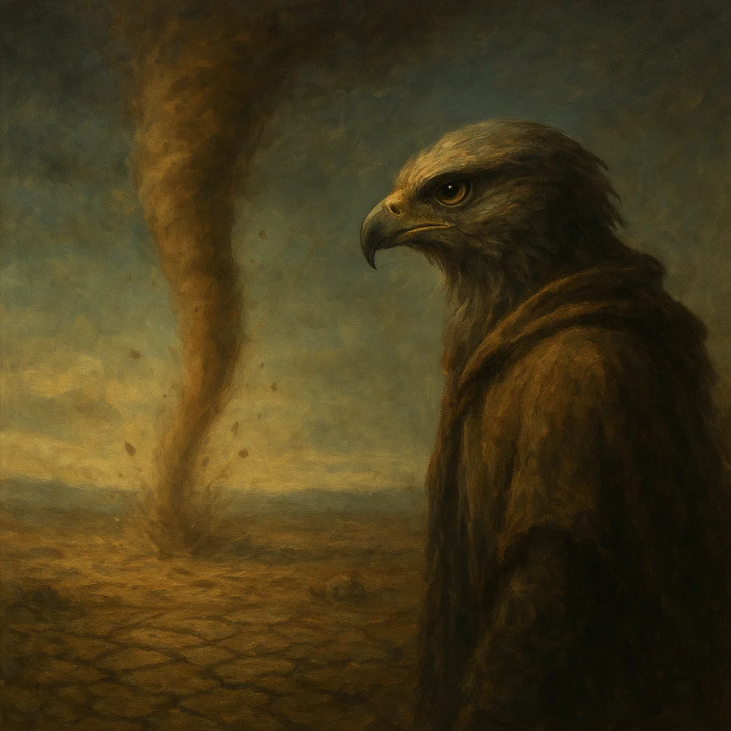 Image for post: A lone dust devil spirals up from the plain's cracked earth, kicking loose stones that mimic the erratic leaps of a corn
