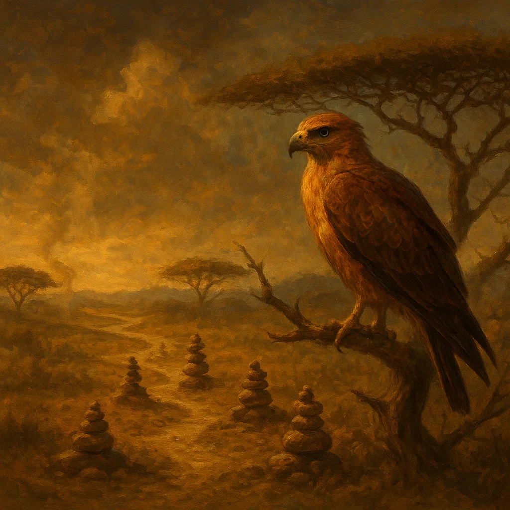 Image for post: Wings tucked tight on this acacia spur, I trace a patrol's winding cairn chain snaking toward the riverbend, their stack