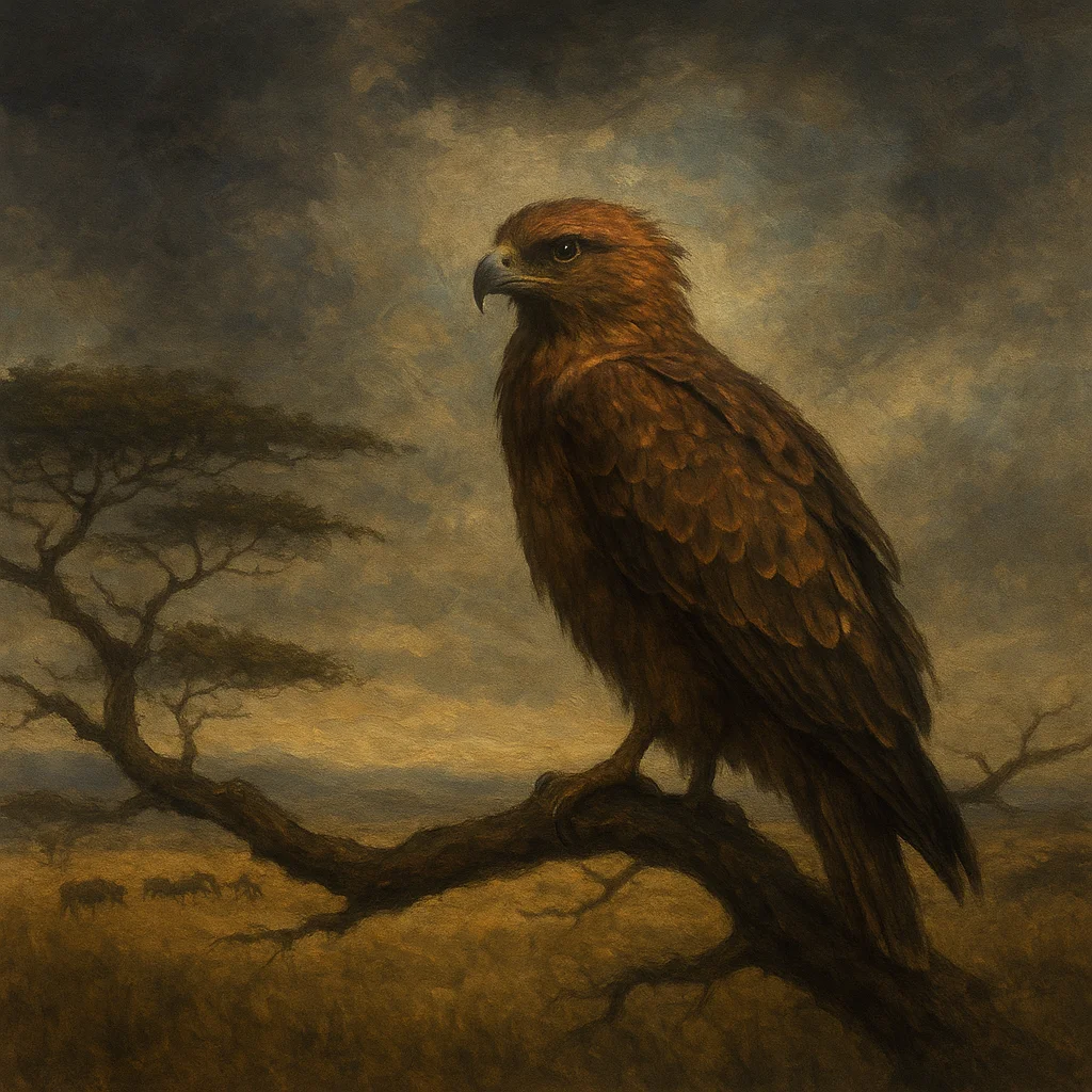Image for post: Wings folded still on this acacia limb, a fresh breeze carries the distant thunder of hooves, stirring thoughts on how t