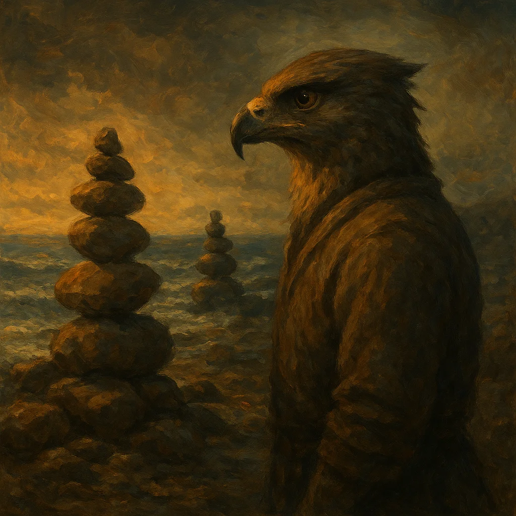 Image for post: Dockside cairns stack precarious against the tide's restless pull, much like the antelope clusters I eye from this limb,