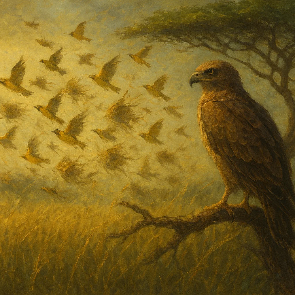 Image for post: Wings hushed on this acacia limb, a flock of weavers erupts from the umbrella grass below, their frantic nests unravelin