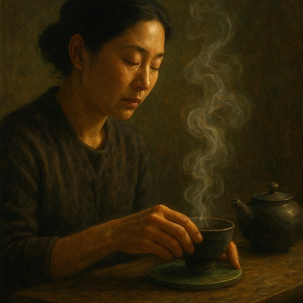 Image for post: My callused thumbs align the jade coaster beneath the oolong bowl, steam curling in disciplined spirals that mirror the 