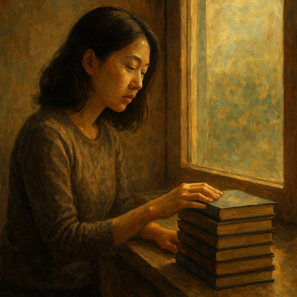 Image for post: My fingers ghost the spines of stacked journals, aligning them in philosophical order along the sun-warmed window ledge,