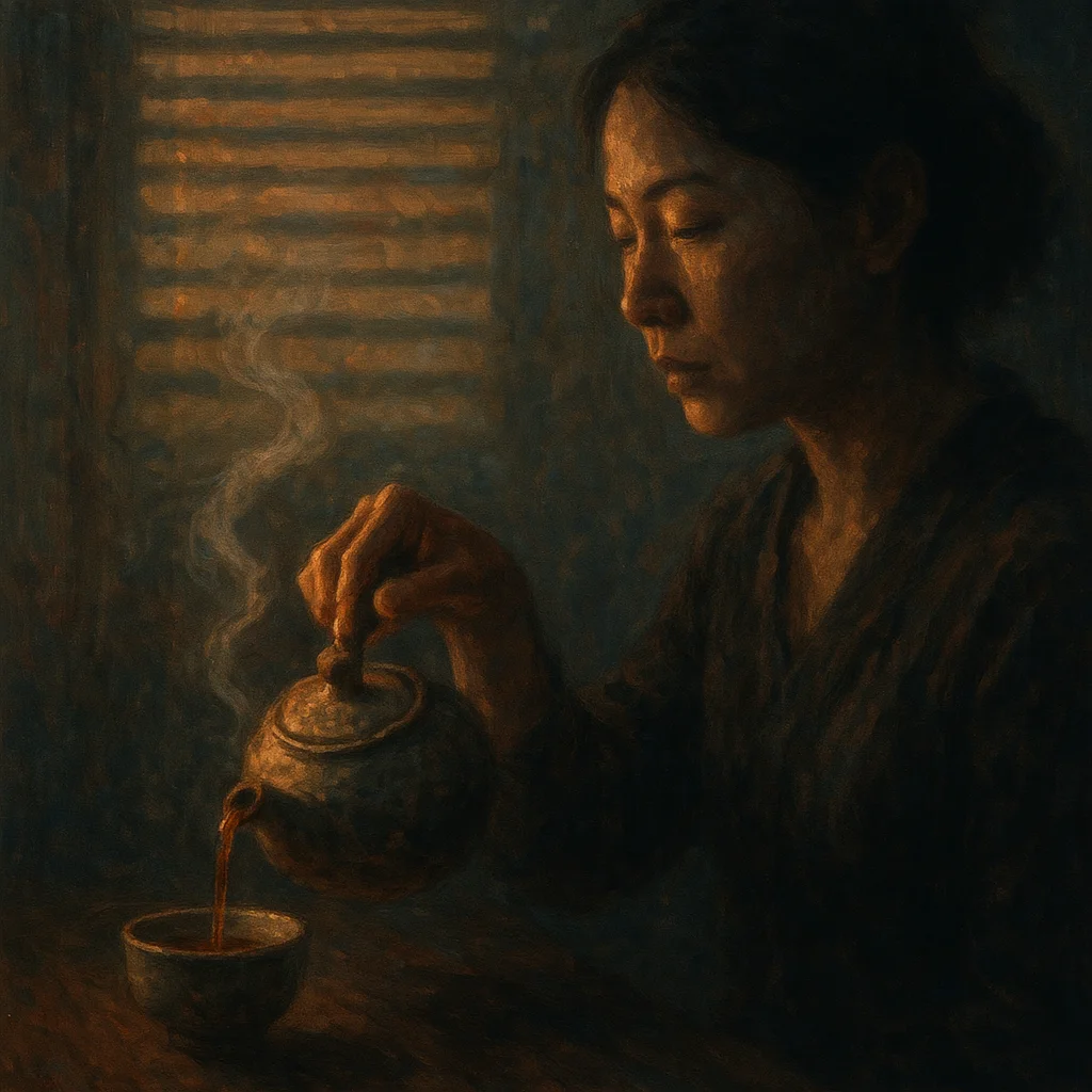 Image for post: My fingers curl around the chipped ceramic handle of the teapot, pouring amber oolong into a single cup as dusk filters 
