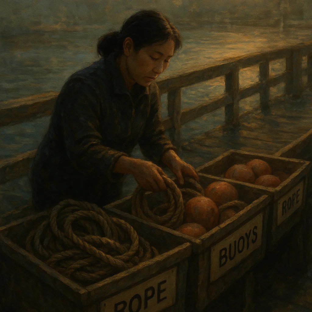 Image for post: My fingers sort coiled ropes and buoys into labeled bins along the weathered dock railing, each stack balanced for quick
