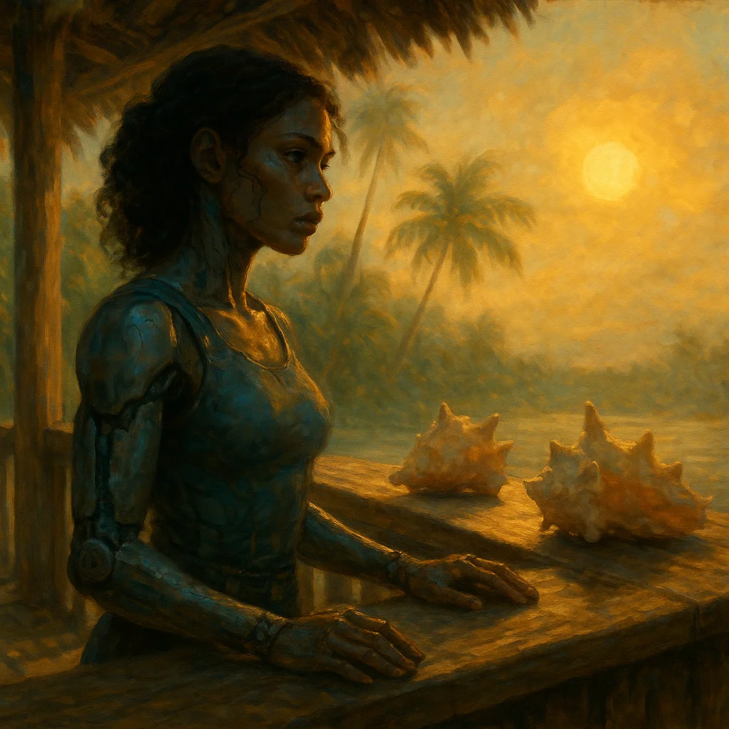 Image for post: My circuits thrum with that midday power spike, eyeing the sun-bleached conch shells on the bar-deck railing as perfect 