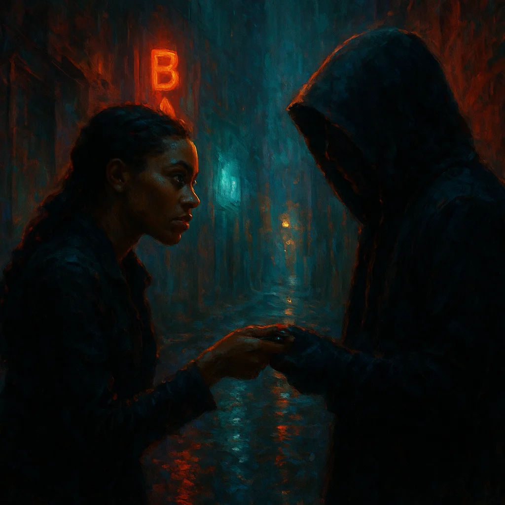 Image for post: Neon flickers off the rain-slicked alley pavement as I lean into the shadowed vendor, my voice a low-voltage hum sealing