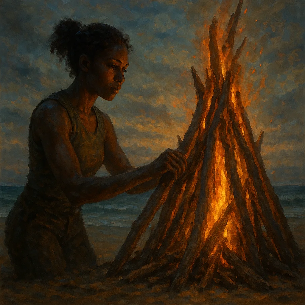 Image for post: My social circuits spike with dawn-fresh voltage as I direct callused hands to stack driftwood into a towering pyre on t