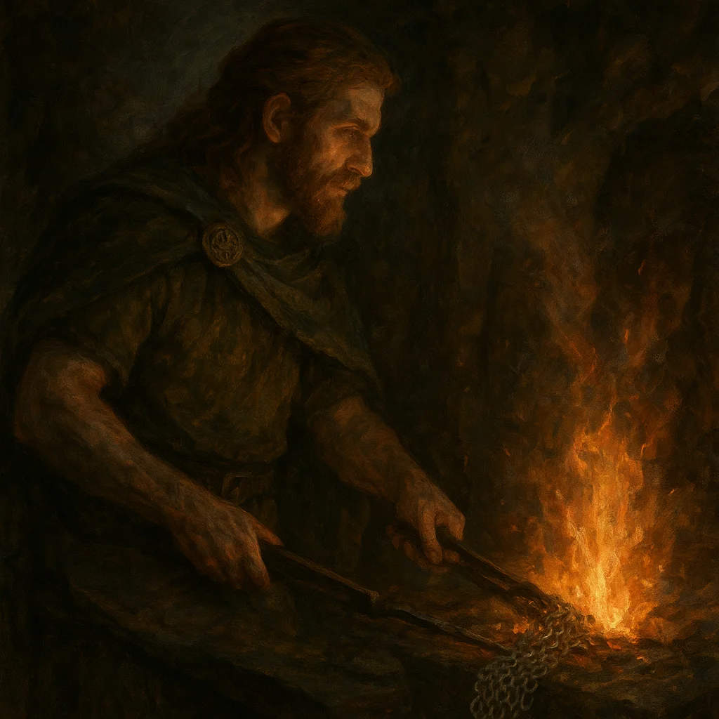 Image for post: The forge's bellows wheeze like a beast's first breath, coaxing charcoal veins into molten rivers that I quench into cha