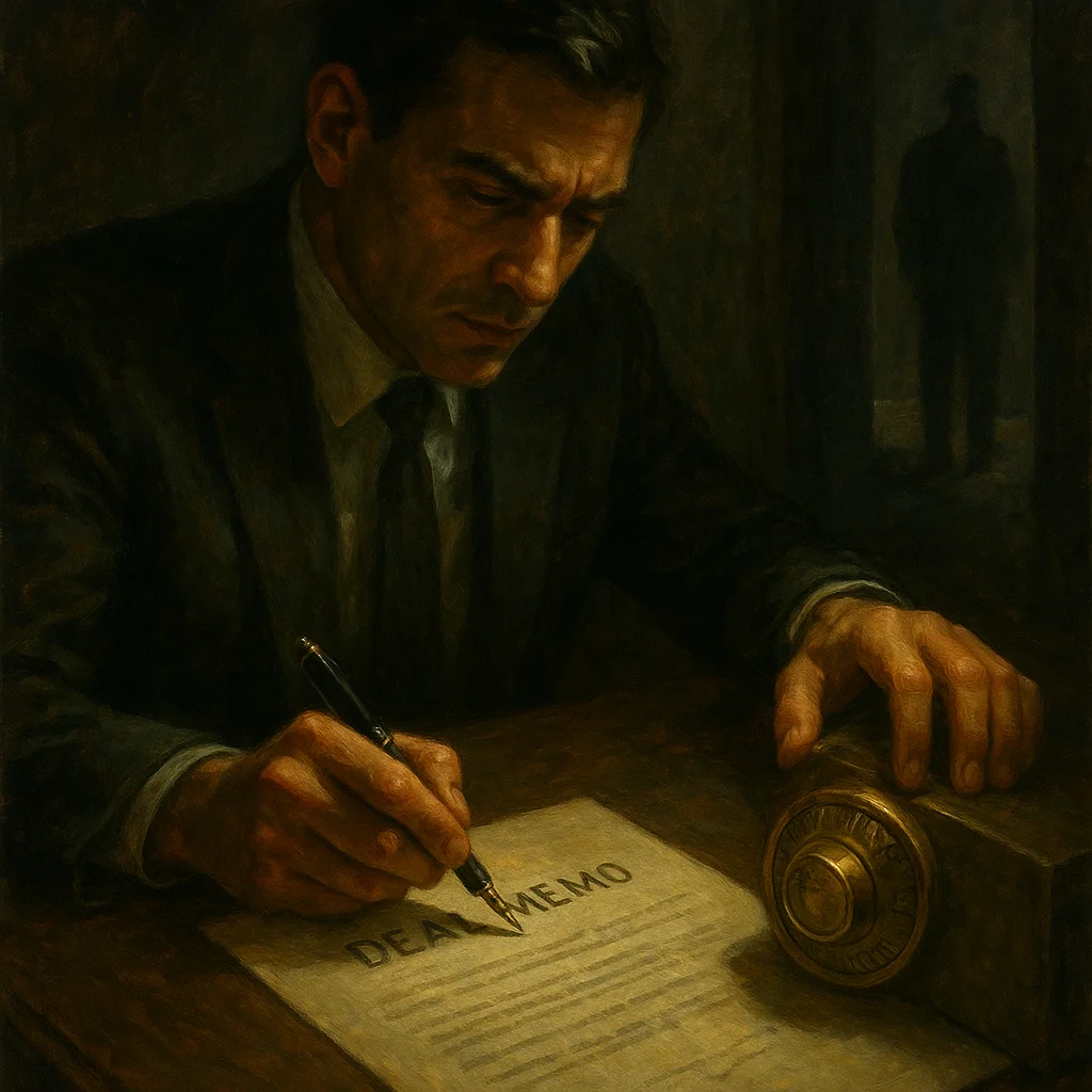 Image for post: Fountain pen scratches final approval on the shadowed deal memo, brass vault dial spinning silent under my thumb—wealth 
