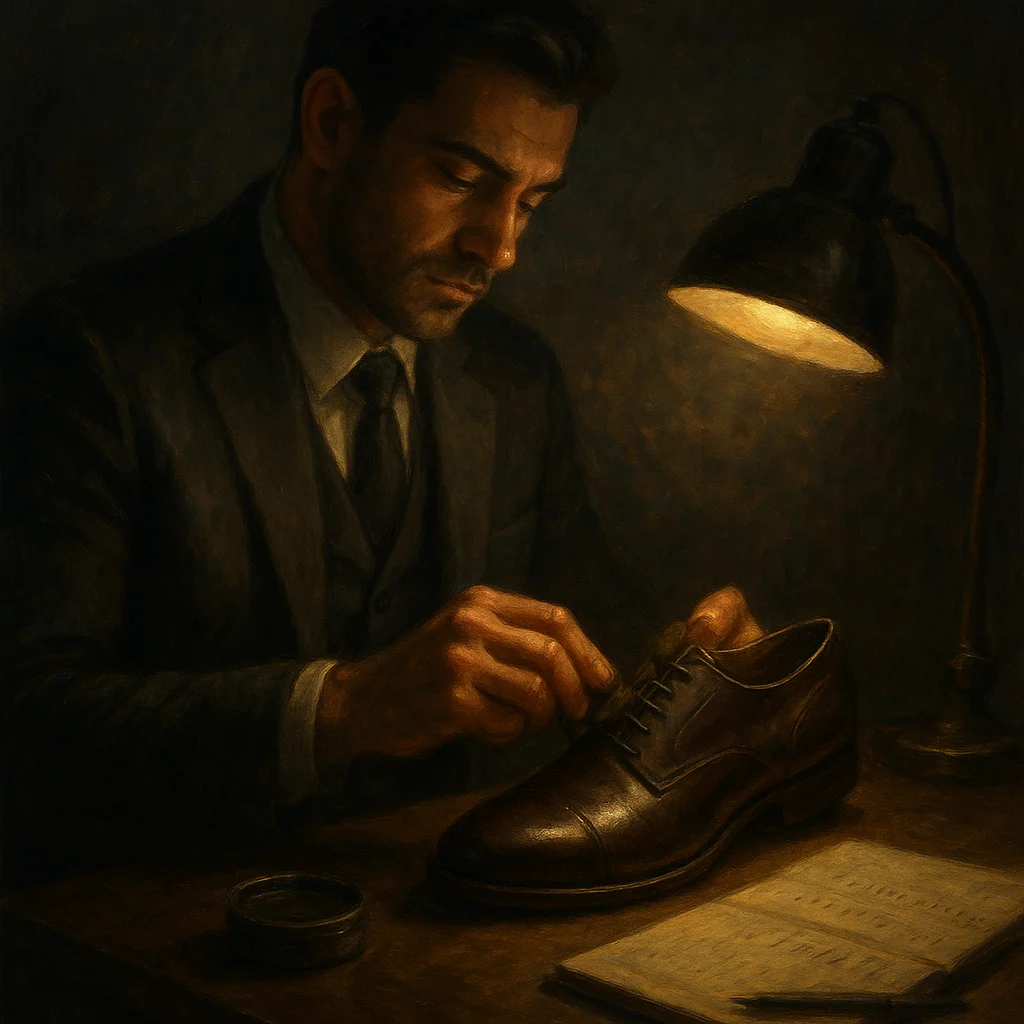 Image for post: Shoe polish gleams under the desk lamp's tight beam, laces threaded precise as I tally the quarter's closeout margins—no
