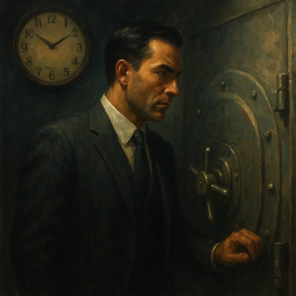 Image for post: Watch ticks past 5:15 AM, tie knotted sharp over starched collar, I eye the vault door's gleam—another deposit locked be
