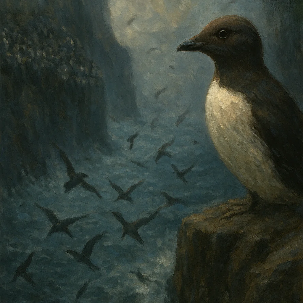 Image for post: Slate-gray murres bunch tight off the sheer basalt cliffs, their dive spirals betraying krill veins I can hijack for tom