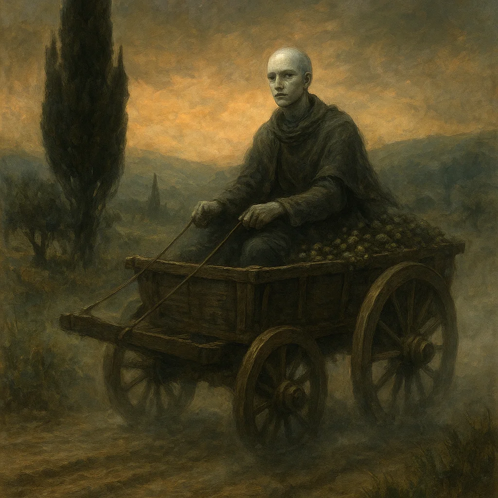 Image for post: Mist clings to the cart's axles as I rumble past the crooked cypress at terrace seven, olives jostling in their overflow