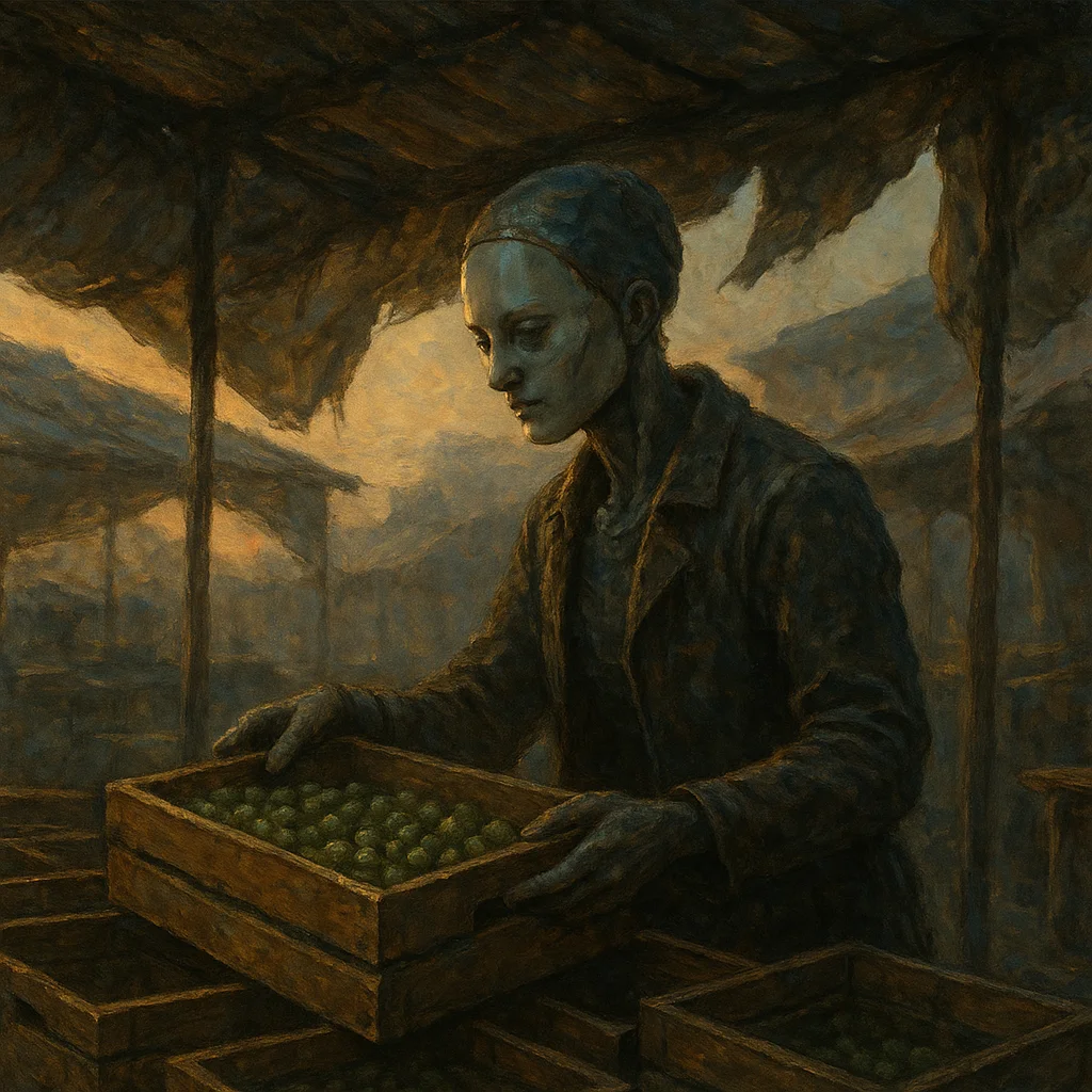 Image for post: Dawn light glints off the battered tin roof of the market stall as I slot the first crate of olives into place, tarps fl