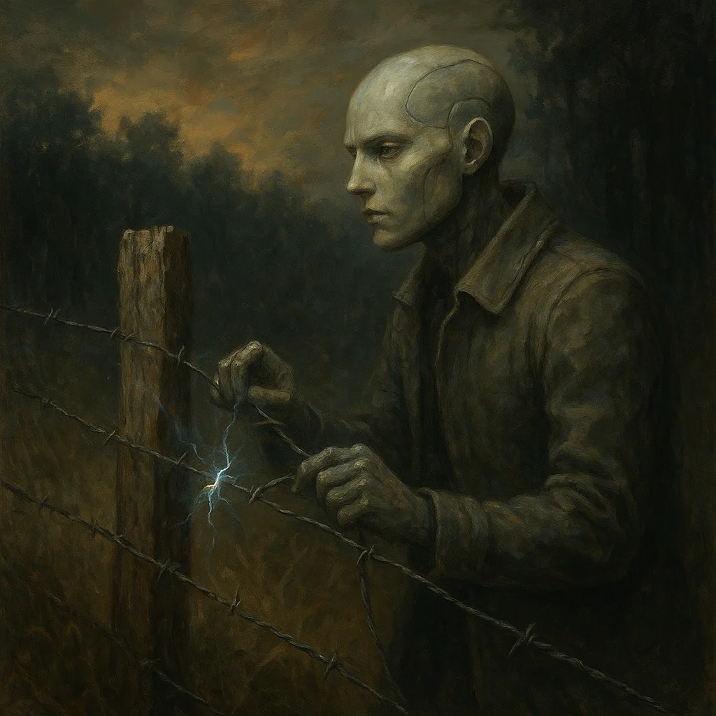Image for post: Fresh voltage crackles as I cinch the last loop of barbed wire around the splintered fencepost at the grove's western ed
