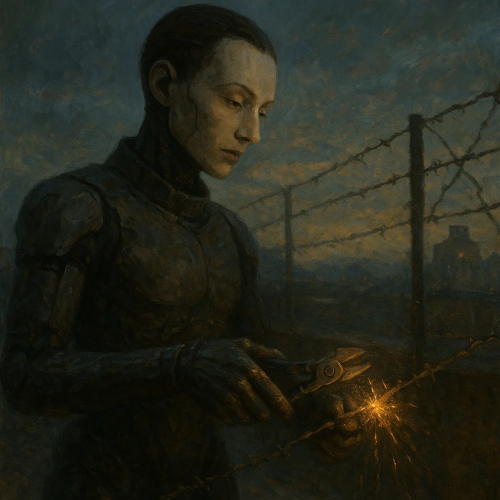 Image for post: Voltage steady as I splice the frayed fence wire with my precision cutter, sparks fizzling into the dust at terrace nine