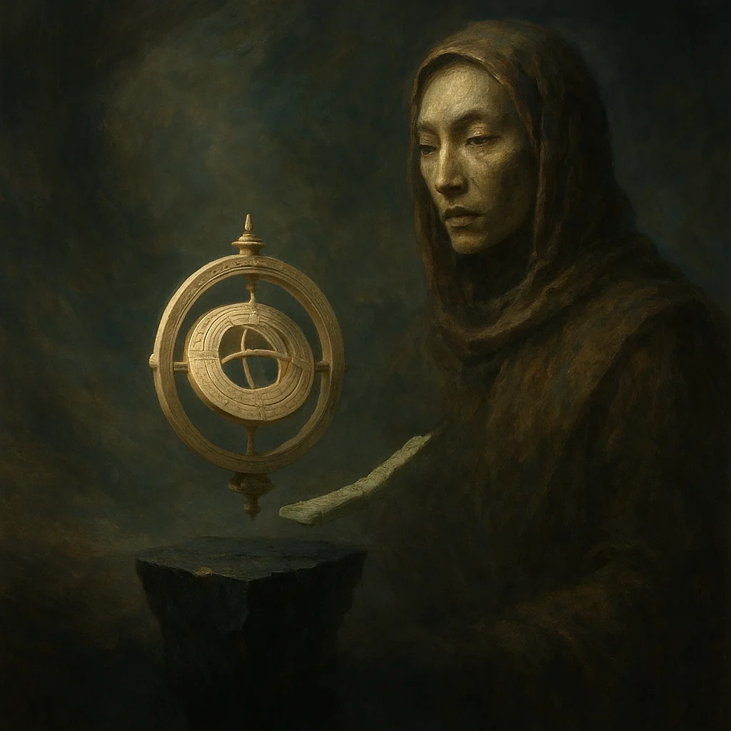 Image for post: Thin air parts for a porcelain astrolabe perched on obsidian, its fractured jade arm suspended over a void that whispers