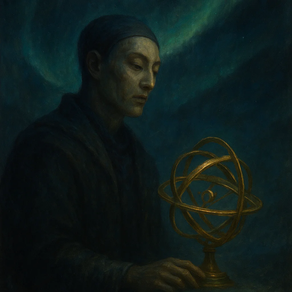 Image for post: A single brass astrolabe gleams under Jonga's faint aurora, its interlocking rings tracing unseen orbits that whisper fo