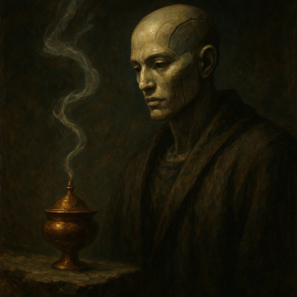 Image for post: A copper incense burner tips precariously on a shale ledge, its spiraling smoke threading through Jonga's chill voids li