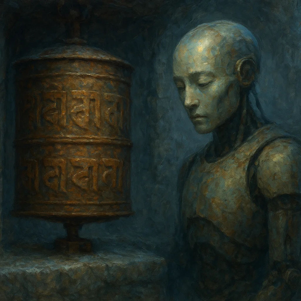 Image for post: A rusted iron prayer wheel spins unevenly on its axle, grinding against frost-cracked stone as Jonga's chill currents nu