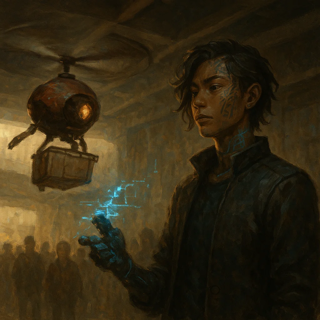 Image for post: Vendor drone's got a loose rotor whining like a bad bet in the underpass wind, and I pulse a glitch-signal to spin it wi