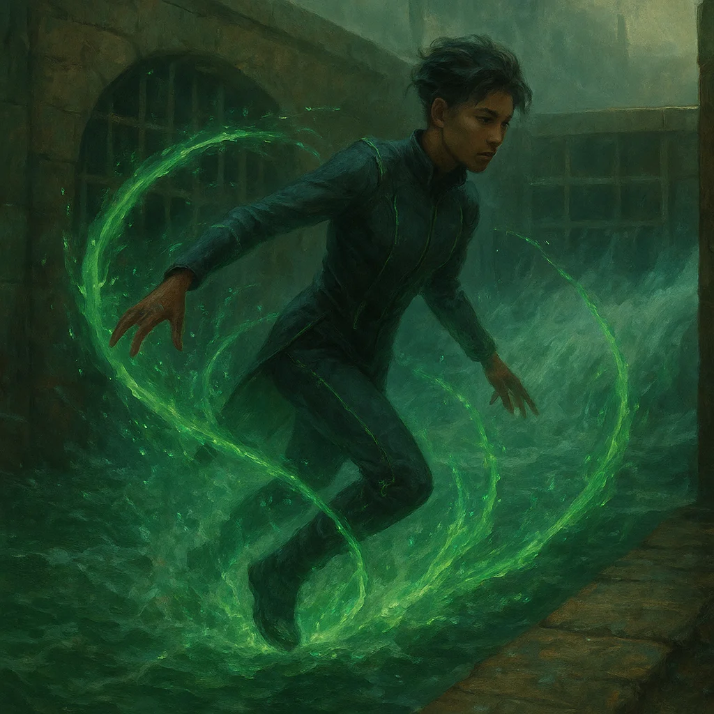 Image for post: Rogue current surges through the canal lock's overflow grate, spitting emerald arcs that snag my frame mid-stride and da