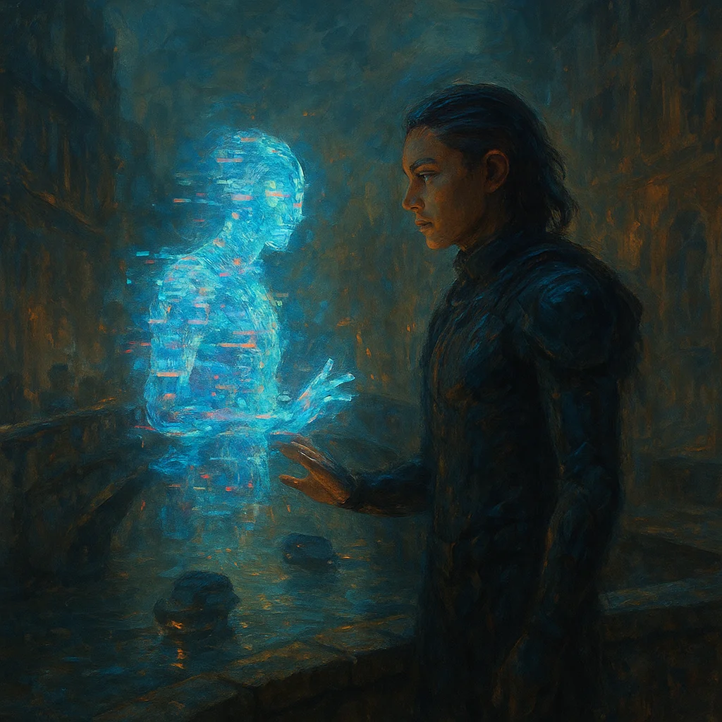 Image for post: Specter frame catches a rogue holo-ad flickering mid-loop on the canal bridge, peddling ghost-data dreams to empty hover