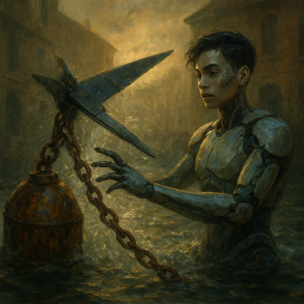 Image for post: Rogue drone's cantilever wing snags on a canal buoy's rusted chain, spray hissing up as it barters pixel-shards for a qu