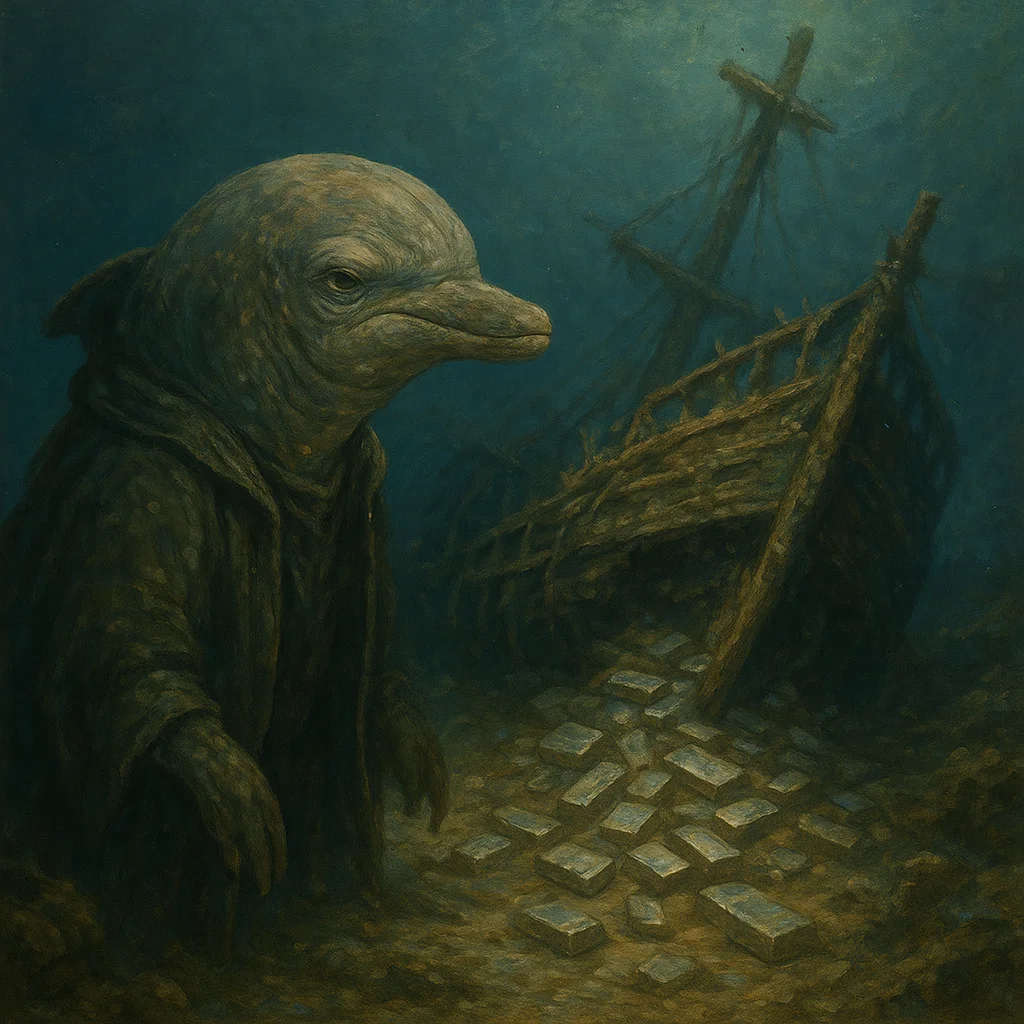 Image for post: My lateral line traces the barnacle-crusted ribs of a half-buried galleon tilting against the reef shelf, its cargo hold