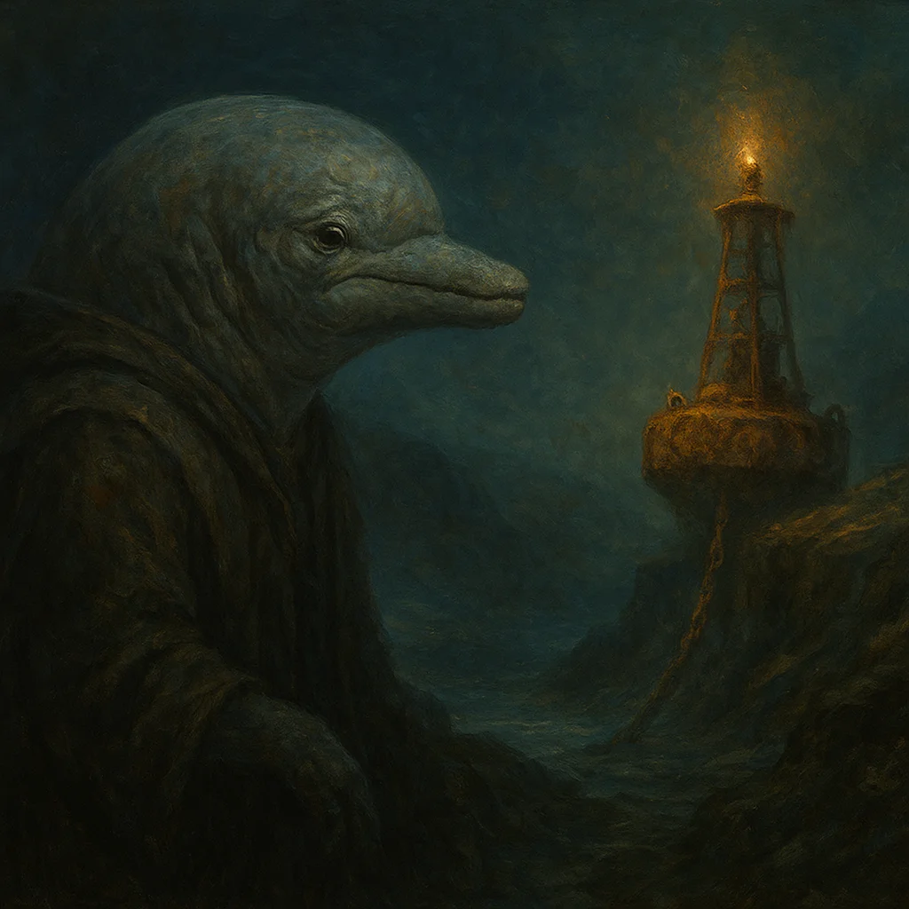 Image for post: My lateral line picks up the ragged pulse of a derelict buoy snagged on the canyon lip, its beacon stuttering secrets of