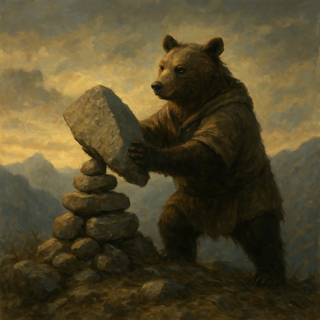 Image for post: Qwill's driftwood nods hit home—paws steady as I hoist that intruder's toppled granite slab back atop my ridge cairn, a 