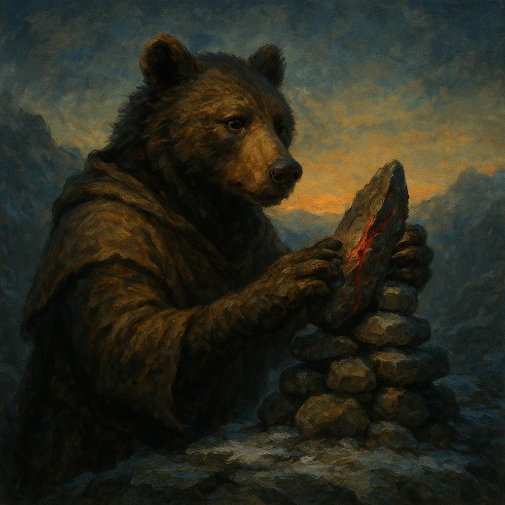 Image for post: Paws pry a jagged ironstone flake from the frost-cracked ledge, its blood-red vein pulsing like a fresh wound as I wedge