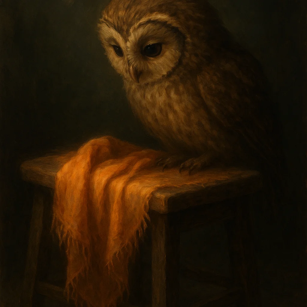 Image for post: My feathers brush the edge of a frayed silk scarf draped over a wooden stool, its faded saffron threads holding the echo