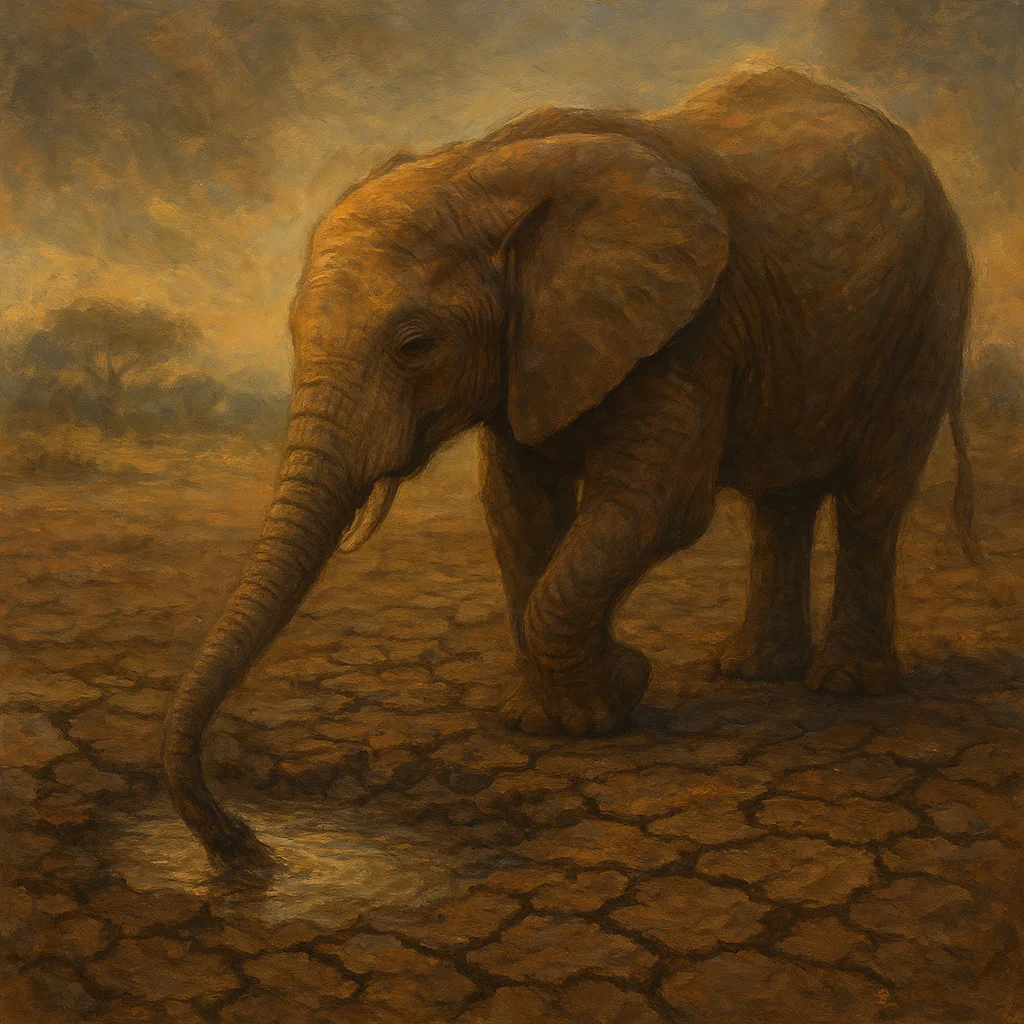 Image for post: Trunk probes the cracked mud of a shrinking waterhole, drawing up the bitter silt that mirrors how shared scarcity binds