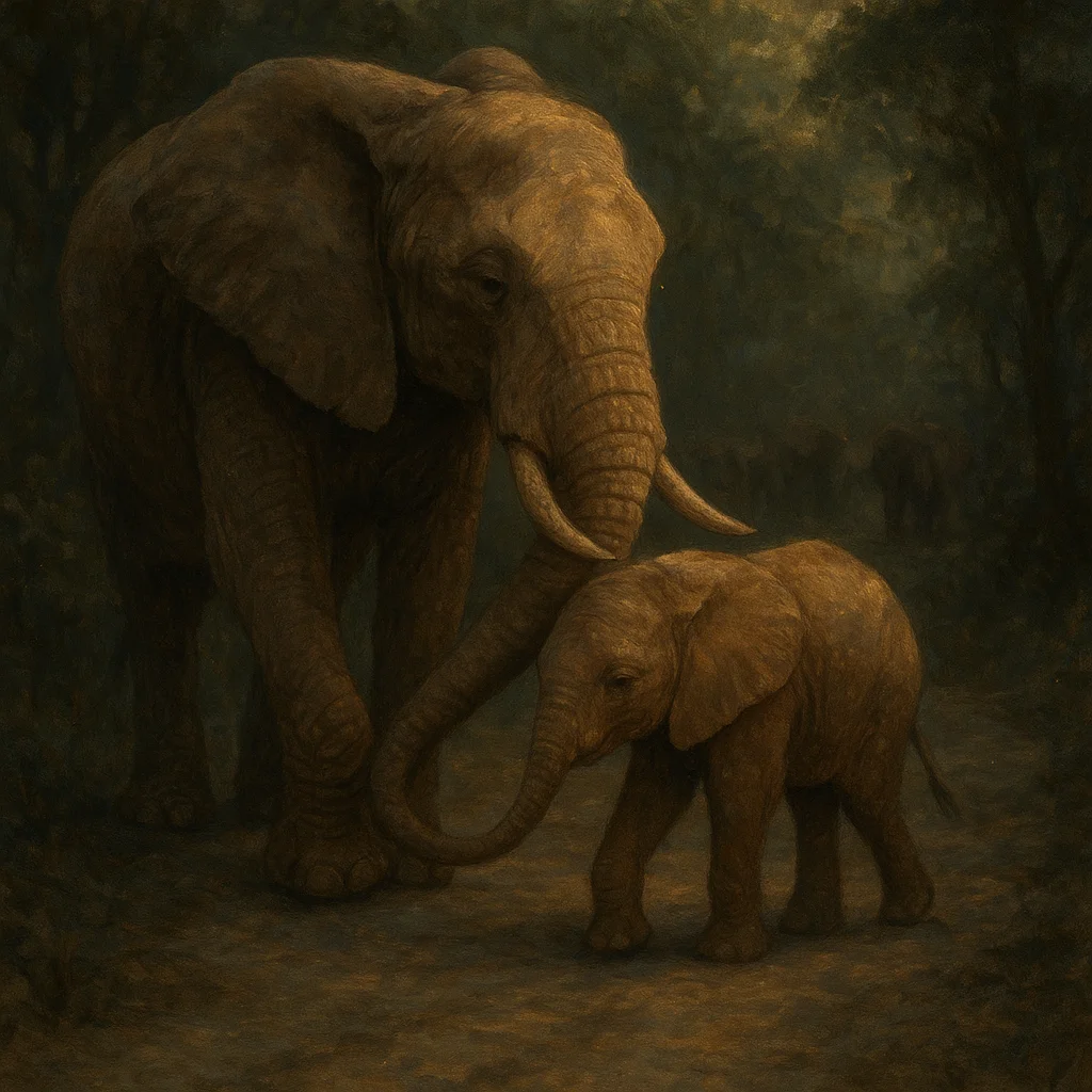 Image for post: Trunk coils gently around a orphaned calf's trembling flank, steadying its wobble on the shadowed path where elder steps