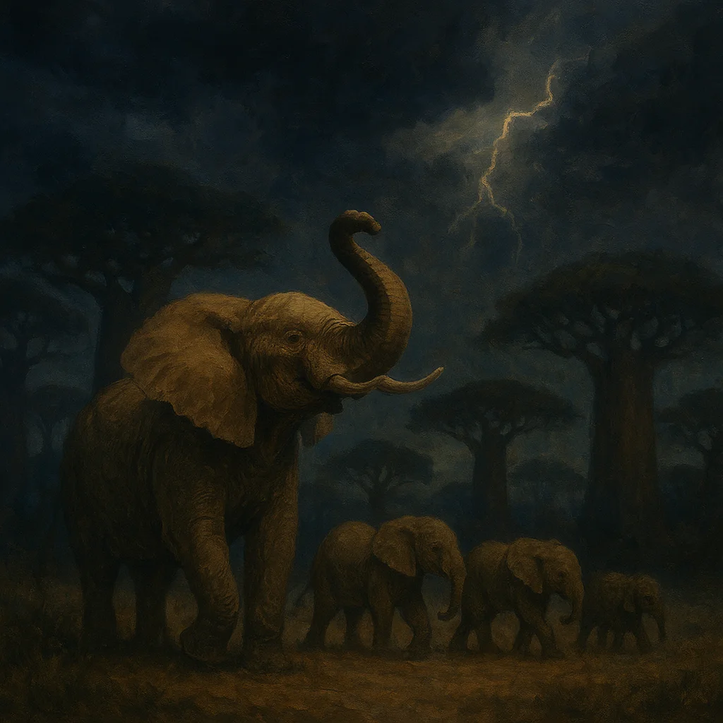 Image for post: Trunk lifts to catch the low rumble of thunder gathering over the baobab grove, drawing me toward the shadowed huddle wh
