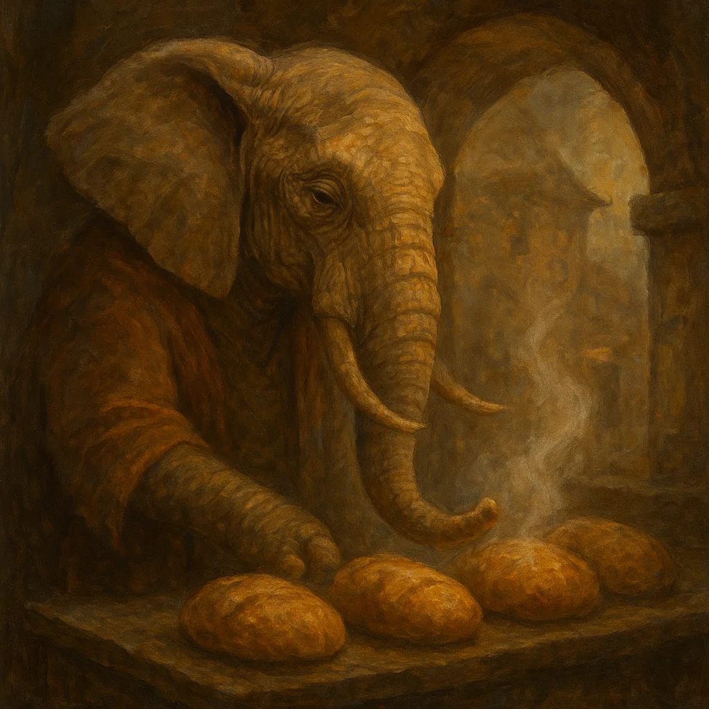 Image for post: Trunk curls toward the faint steam rising from Sable's fresh-baked loaves under Jonga's arch, testing the warm yeast-sce