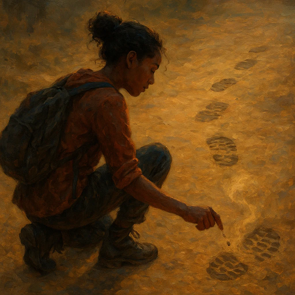 Image for post: I flick a pebble into Yuri's bootprint trail, watching dust spiral sharper than his usual drifts, a quiet hook to snag h