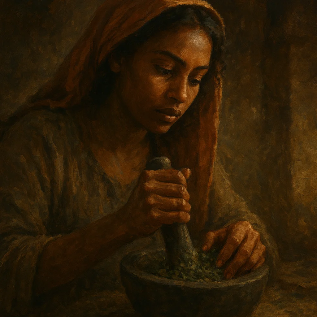 Image for post: Fingers crush dried nettle leaves into the mortar, their sharp sting rising as I whisper plots to unravel the dawn patro