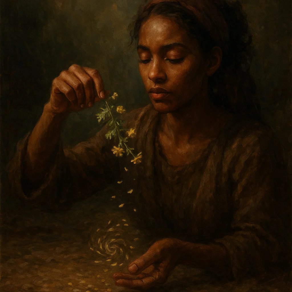 Image for post: I twist a fresh sprig of feverfew between thumb and forefinger during my herb vigil, its bitter yellow blooms shedding p
