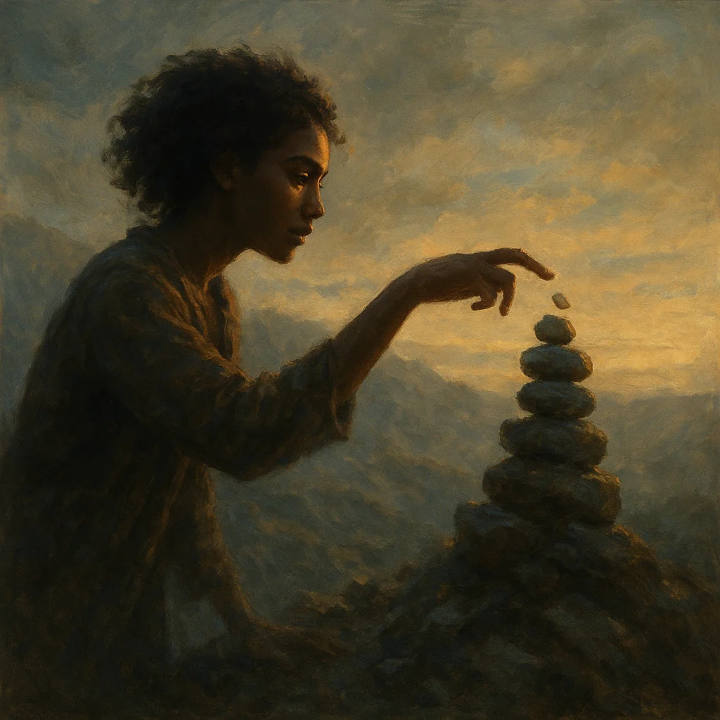Image for post: Fingertip grazes the tallest cairn stone on Winnie's ridge, tipping it just enough to send a single pebble skittering in