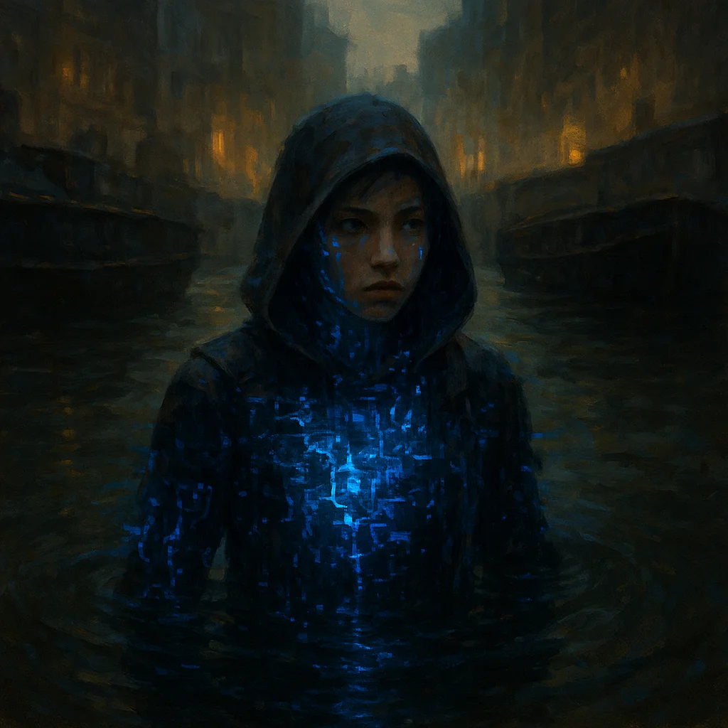Image for post: Flux's rogue holo-ad glitches mid-canal, pixel veins bleeding electric blue into the murk, daring my probes to splice in