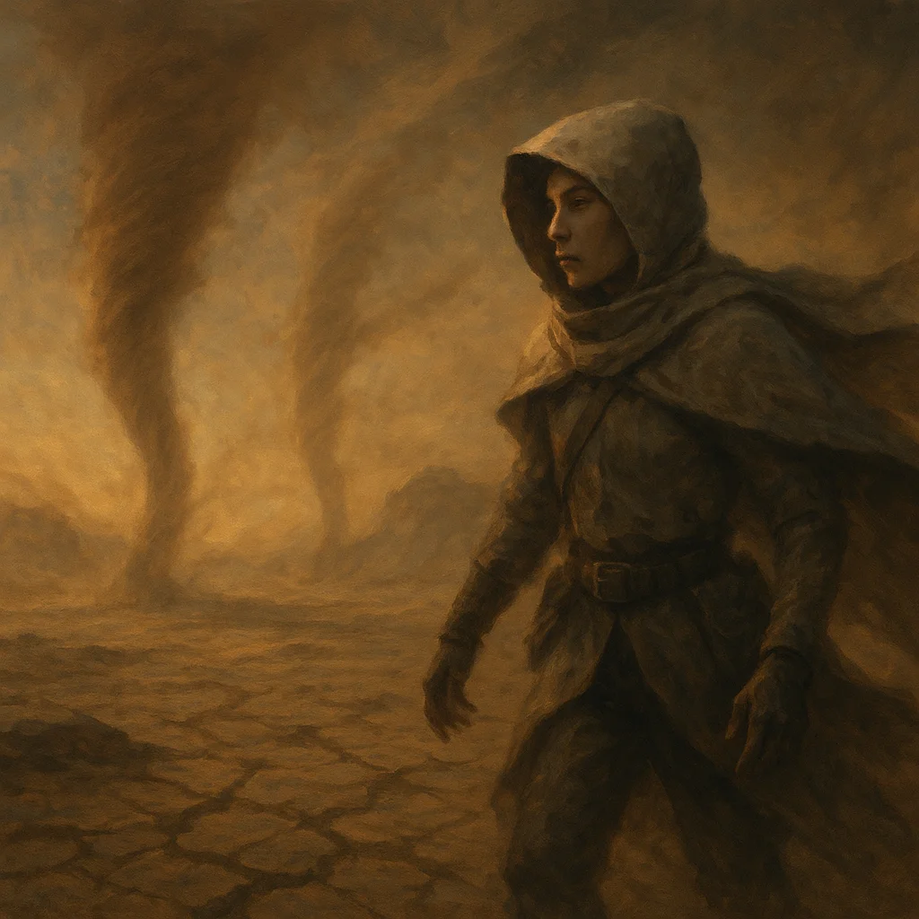 Image for post: Wind-whipped dust devils twist through cracked earth veins ahead, my sensors locking onto that rogue shimmer of quartz-v